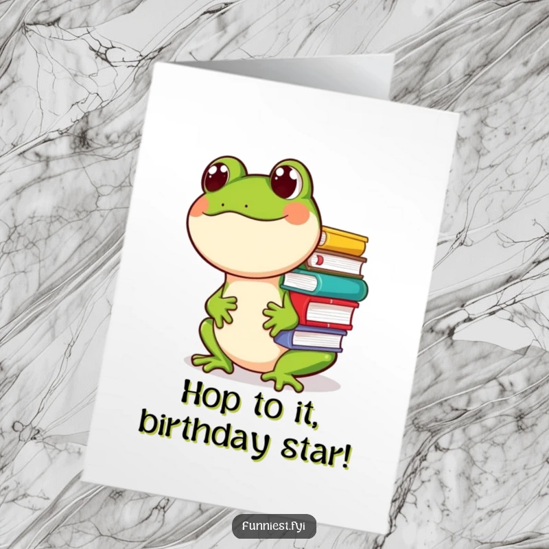 Funny Free Printable Birthday Card: Giggling frog precariously balancing books on its nose, celebrating with humor.