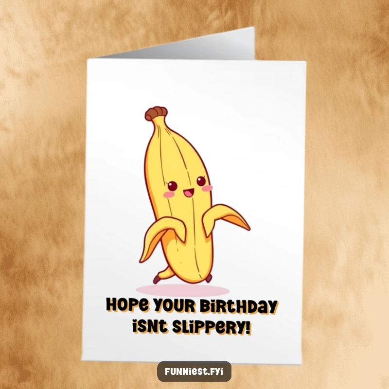 Funny Free Printable Birthday Card: A cartoon banana peel character comically slipping on itself, mid-fall with wide eyes.