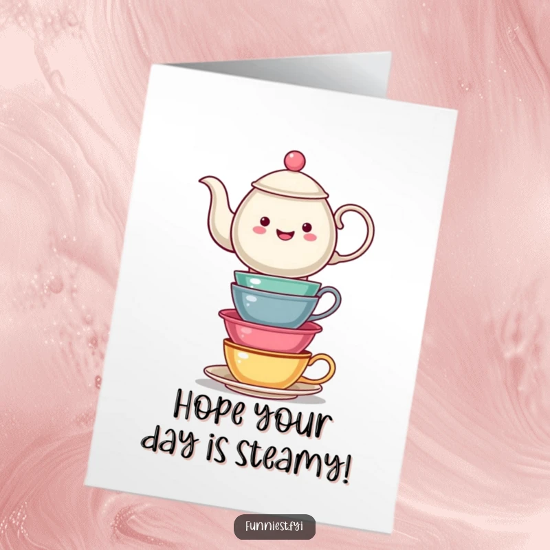 Funny Free Printable Birthday Card: Teapot precariously balancing mismatched teacups, perfect for a tea lover's birthday.