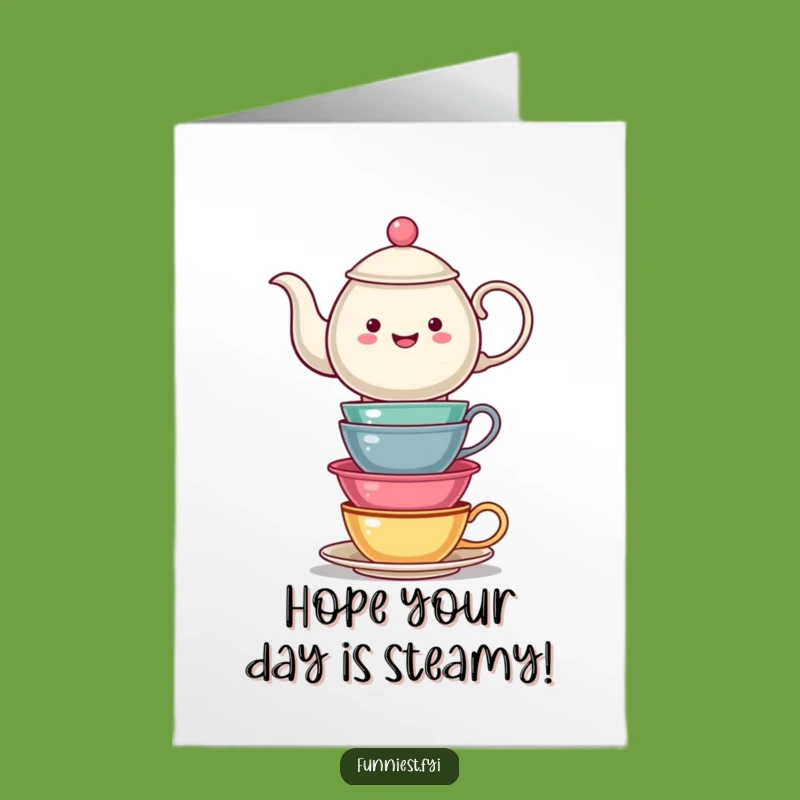 Free Printable Birthday Card: Teapot with Teacups, Funny Tea Lover Downloadable Gift