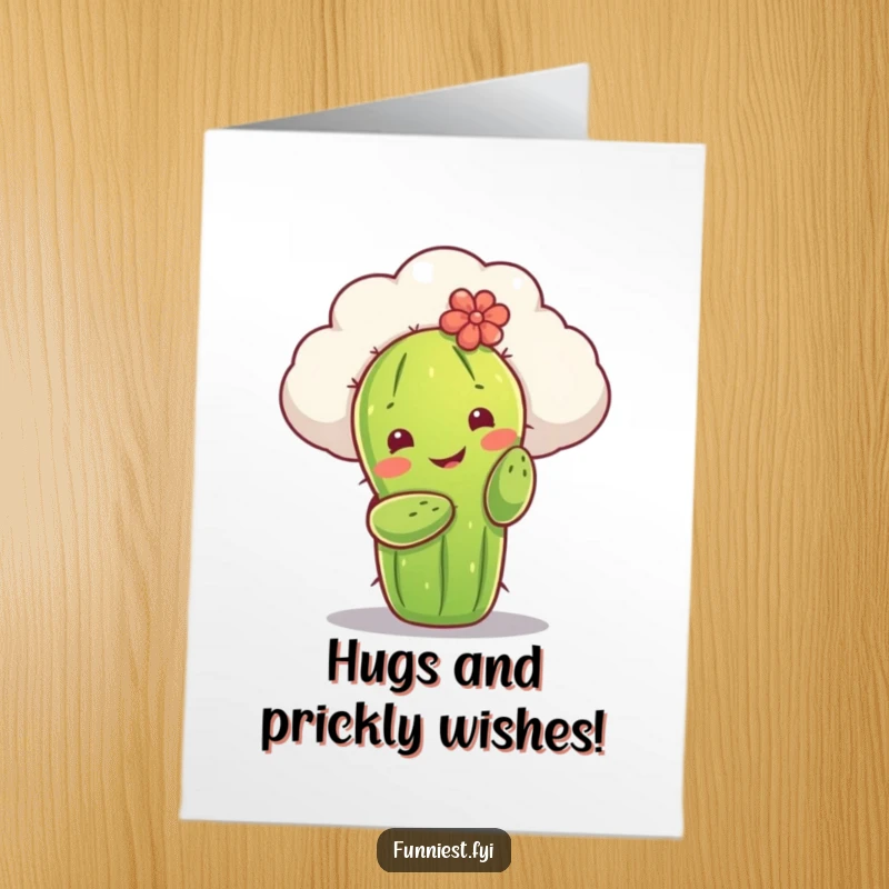 Funny free printable birthday card: A smiling cactus reaches up to give a fluffy cloud a sweet, gentle hug.