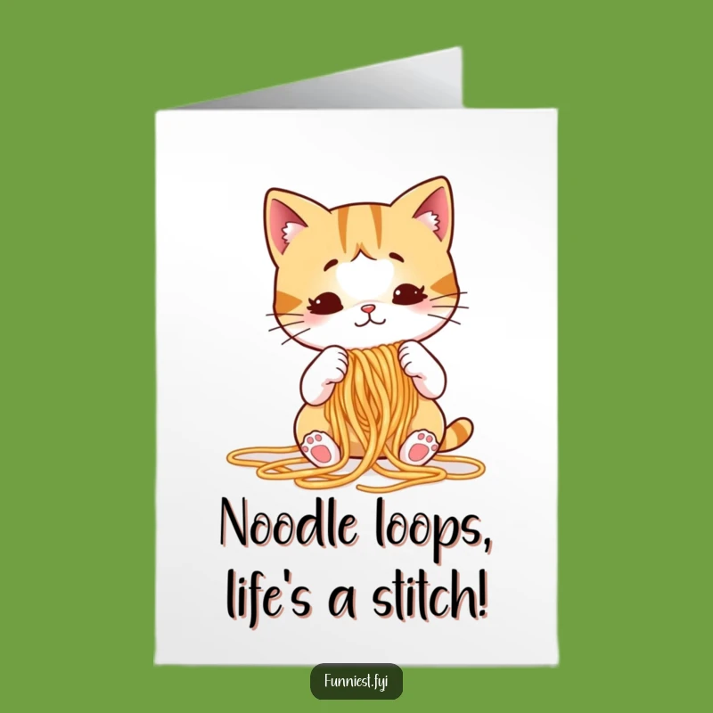 Free Printable Birthday Card: Puzzled Cat Knitting Spaghetti - Funny Downloadable Gift
