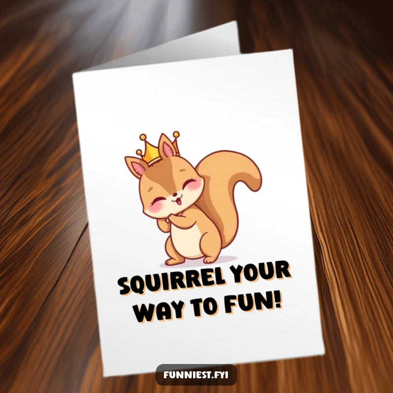 Funny Free Printable Birthday Card: A squirrel wearing a tiny crown backward on its head, looking cheeky and slightly confused.