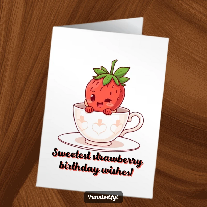 Funny free printable birthday card showing a giggling strawberry character peeking out from inside a gigantic teacup costume.