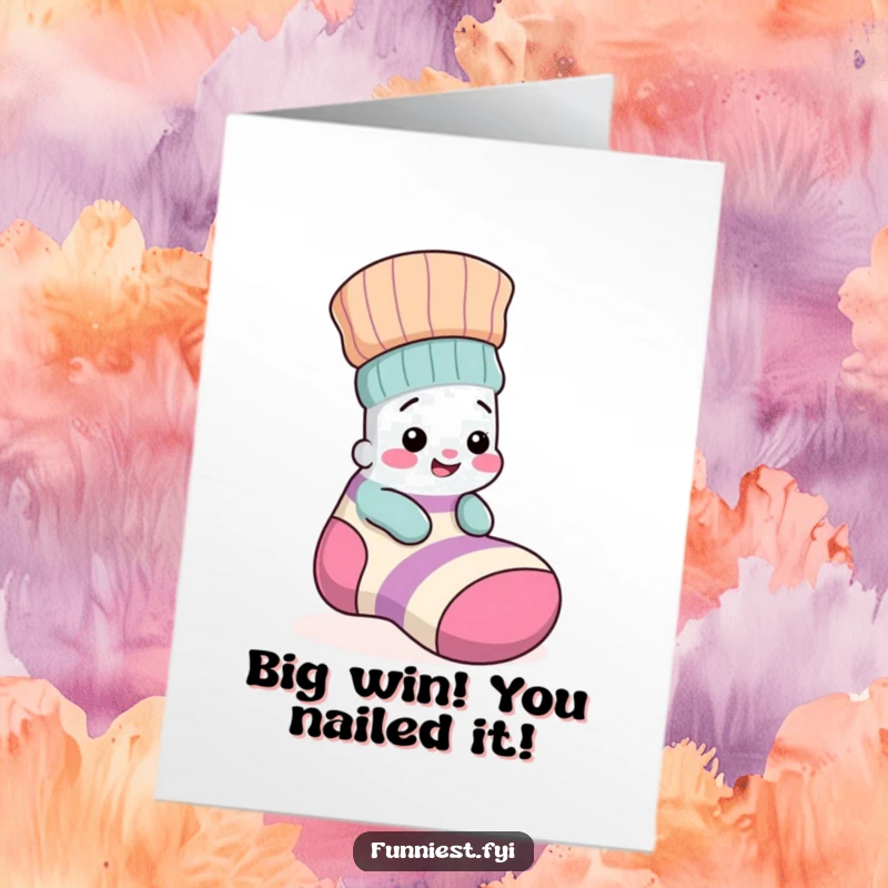 Funny Free Printable Congrats Card: Giggling sock playfully hides inside a mismatched sock, celebrating achievement.