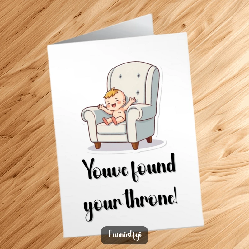 Funny Free Printable Congratulations Card featuring a tiny person merrily wiggling inside a huge armchair, celebrating softly.