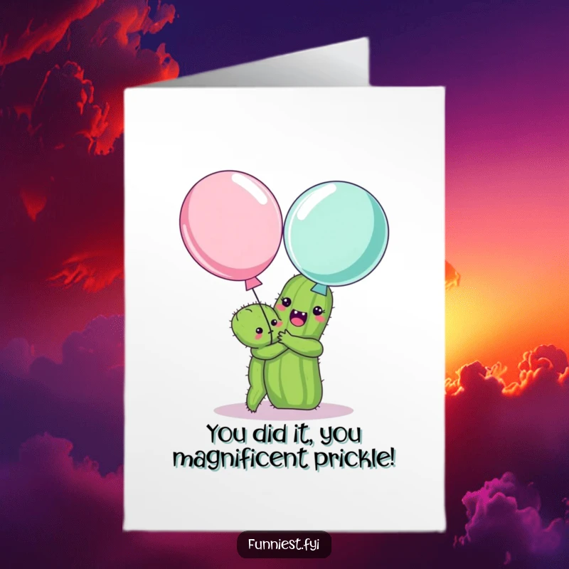 Funny Free Printable Congratulation Card: Cheerful cactus reaching for a balloon, a humorous way to celebrate.