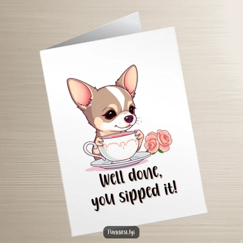 Funny Free Printable Congratulations Card: Chihuahua elegantly sipping tea, celebrating a momentous achievement with style.