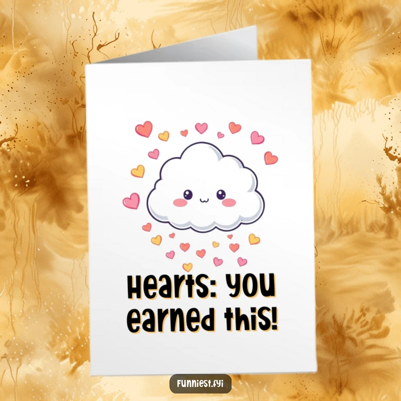 Funny Free Printable Congratulations Card featuring a smiling cloud showering colorful hearts, ideal for celebrating achievements.