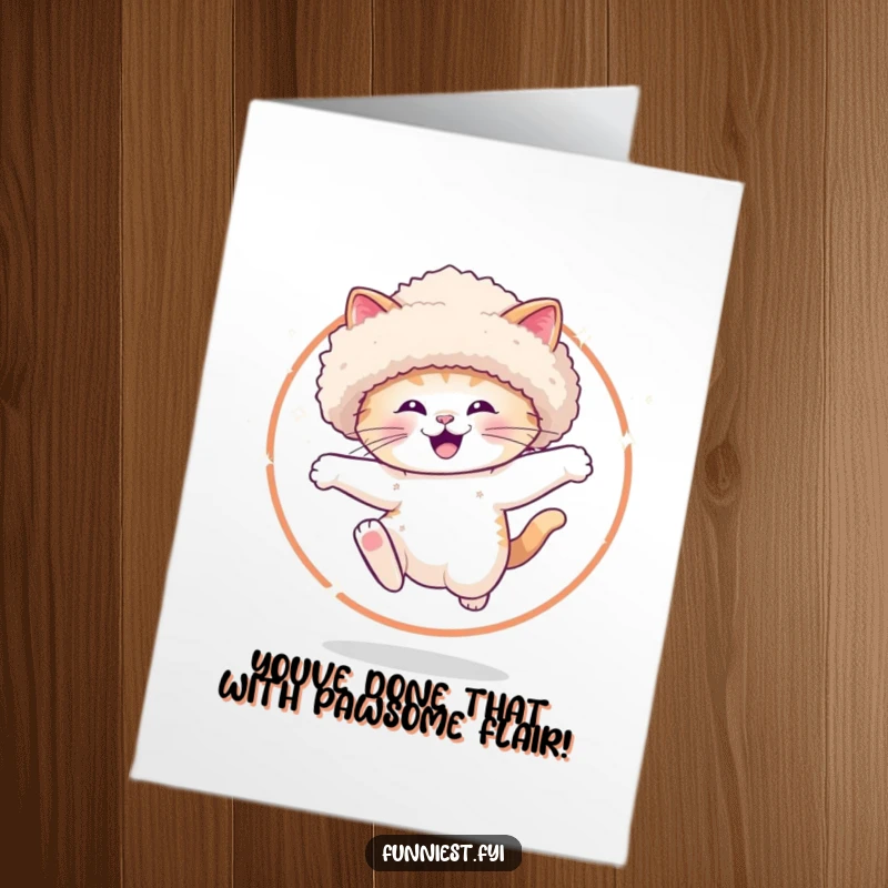 Funny Free Printable Congratulations Card: A happy cat in a fluffy hat performs a daring sparkle hoop jump for your congrats.