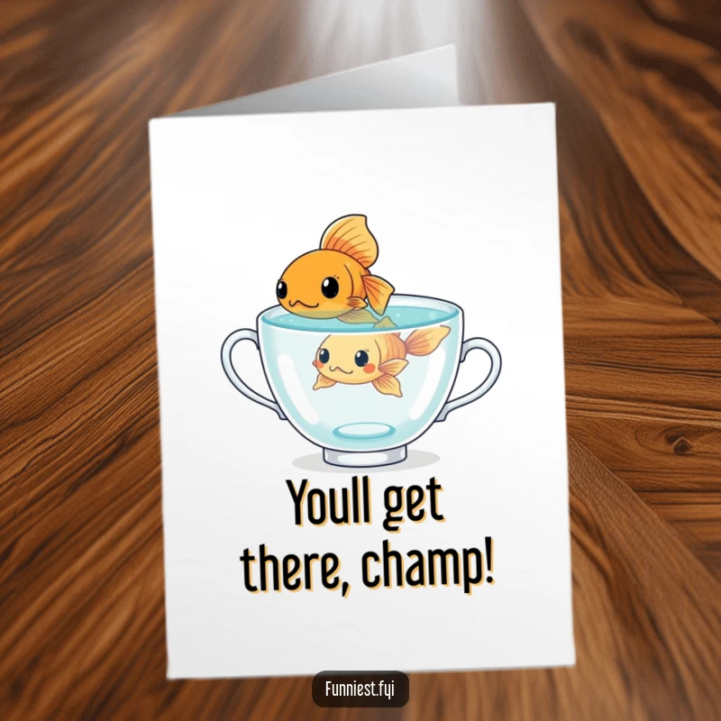 Funny Free Printable Congratulations Card showing a goldfish determinedly swimming in a massive teacup, celebrating perseverance.