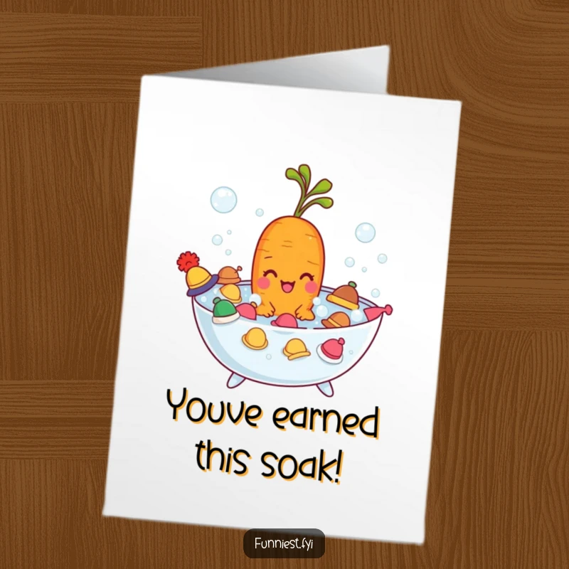 Funny Free Printable Congratulations Card with a carrot enjoying a hat-filled bubble bath, perfect for any win.
