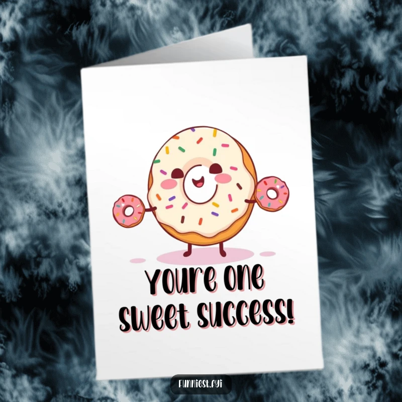 Funny Free Printable Card: A happy donut with sprinkles juggling smaller donuts in a celebratory gesture.
