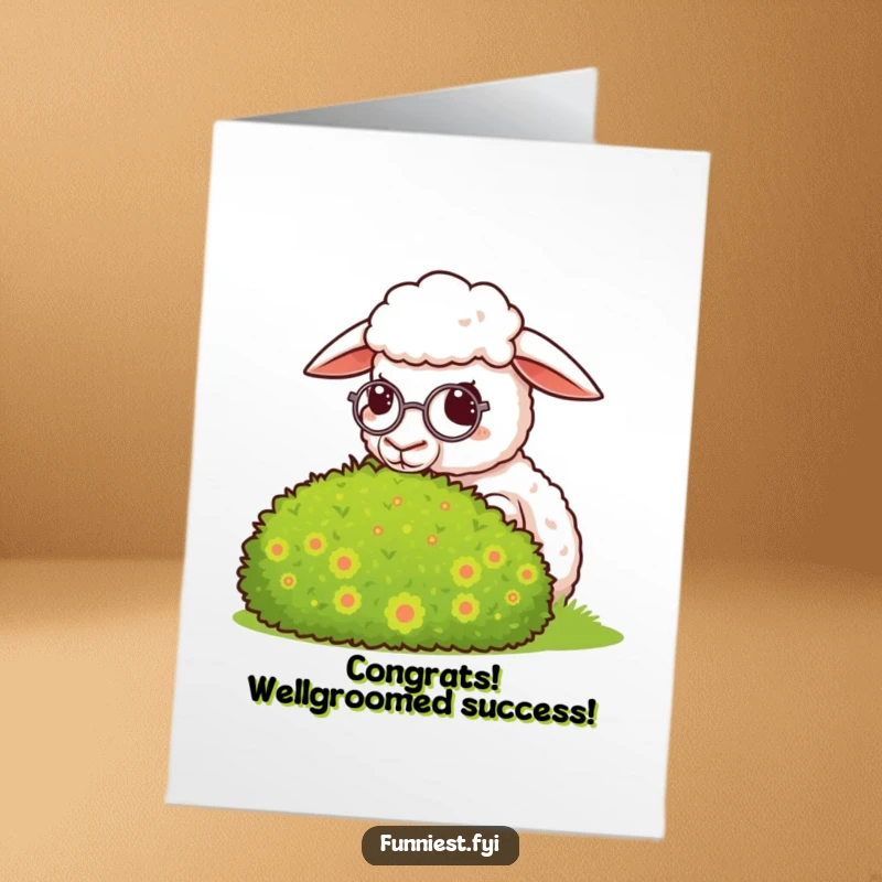 Funny Free Printable Congrats Card: A sheep wearing a monocle gives a smug look towards a bush, humorously congratulating achievement.