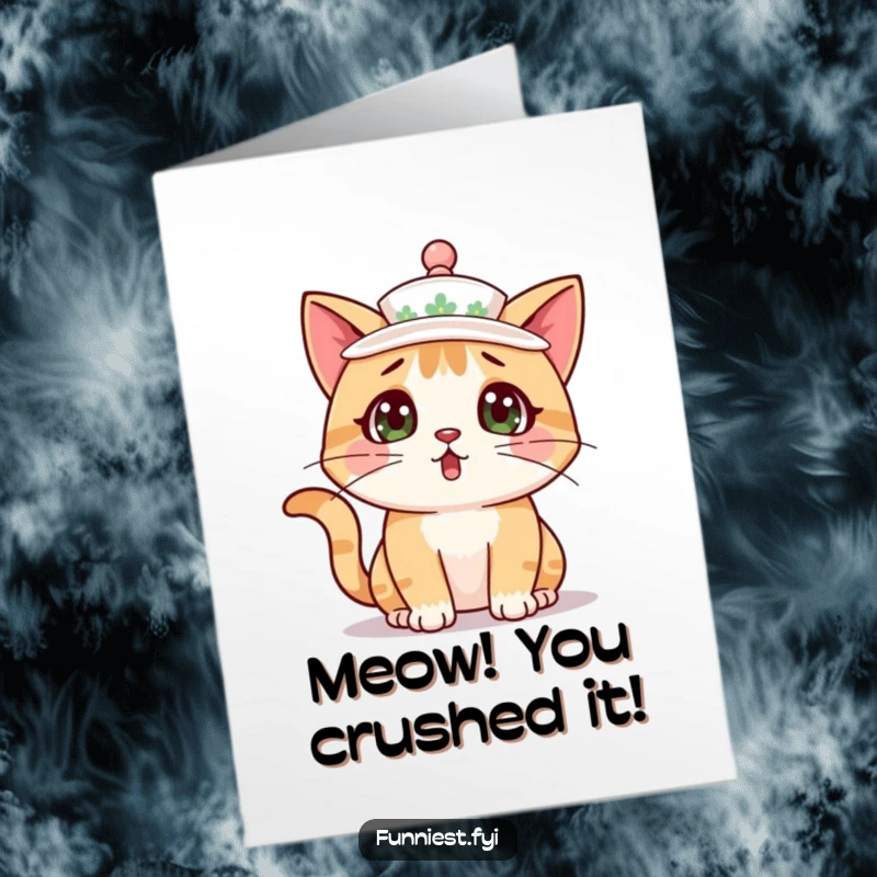 Funny Free Printable Congratulations Card: A surprised cat wearing a teacup as a hat, conveying congratulations humorously, great downloadable gift.