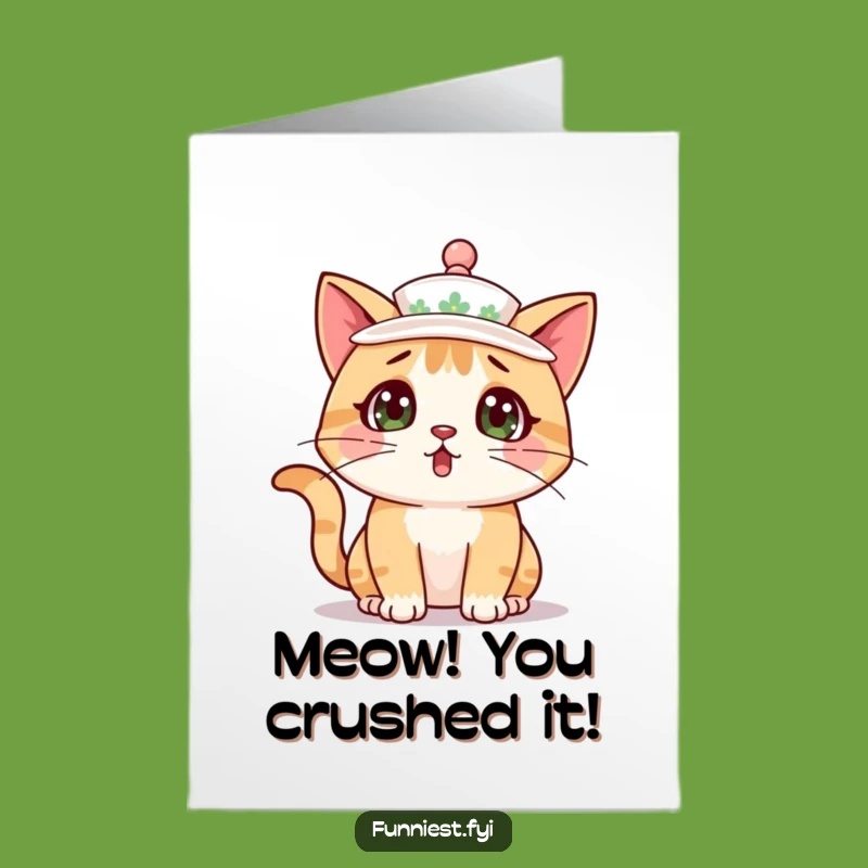Free Printable Congrats Card: Surprised Cat Teacup Hat - Funny Downloadable