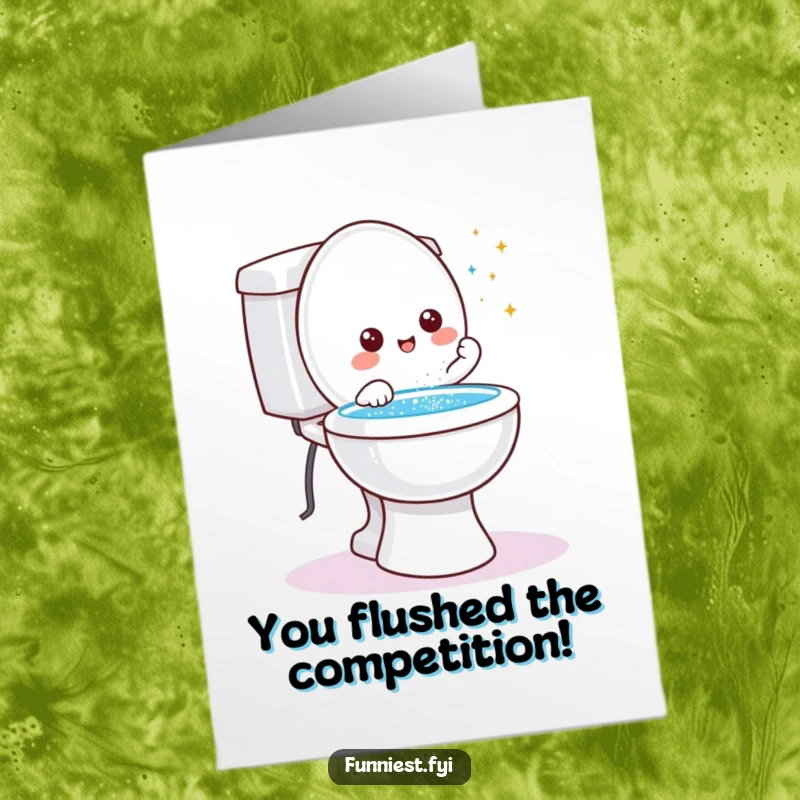 Funny free printable congratulations card showing a friendly toilet character granting a wish with glitter erupting from the bowl.