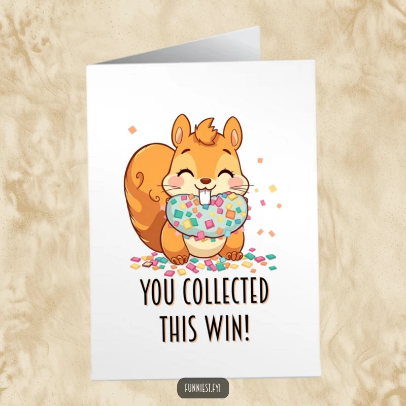 Free Printable Congratulations Card: A cheeky squirrel is busy stuffing its face with oversized confetti, celebrating any achievement.