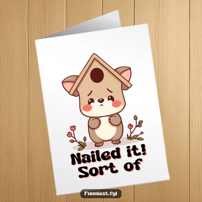 Funny Free Printable Congratulations Card: Confused animal character wearing a birdhouse as a hat, looking lost, celebrating achievement.