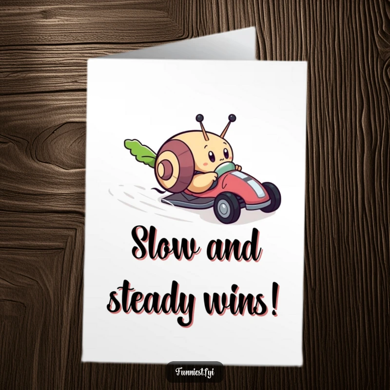 Funny Free Printable Congratulations Card: A determined snail surprisingly ahead of a tiny race car at the finish line.