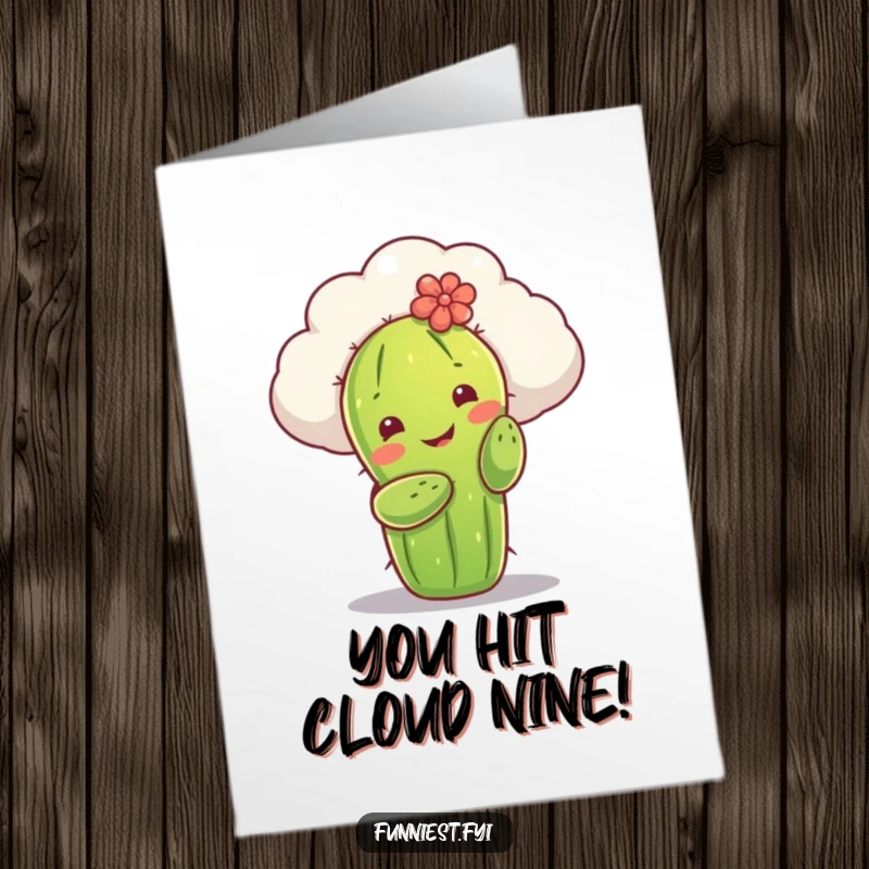 Funny free printable congratulations card: A happy cactus embraces a soft cloud, celebrating your wonderful success.