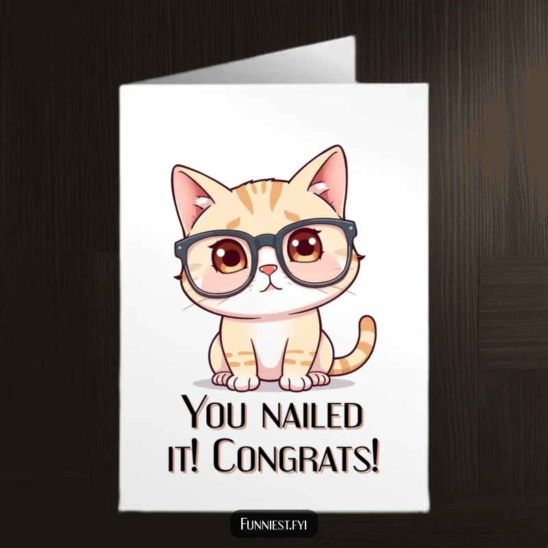 Funny Free Printable Congratulations Card: Confused cat trying to wear glasses way too big, adorable and humorous downloadable gift.