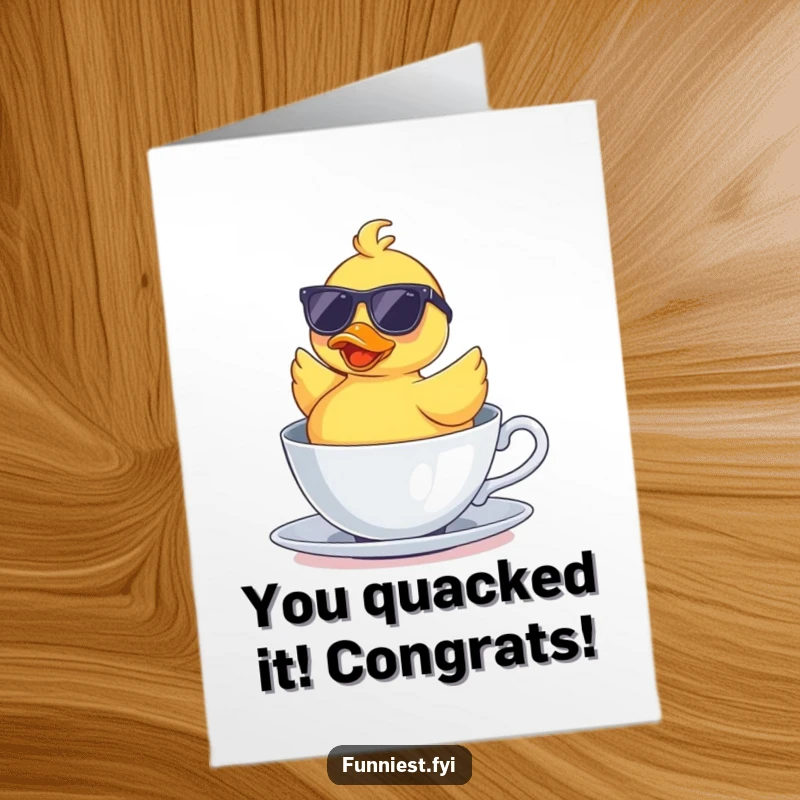 Funny Free Printable Congratulations Card: A sunglasses-wearing rubber duck floating upside down in a teacup, looking totally chill.