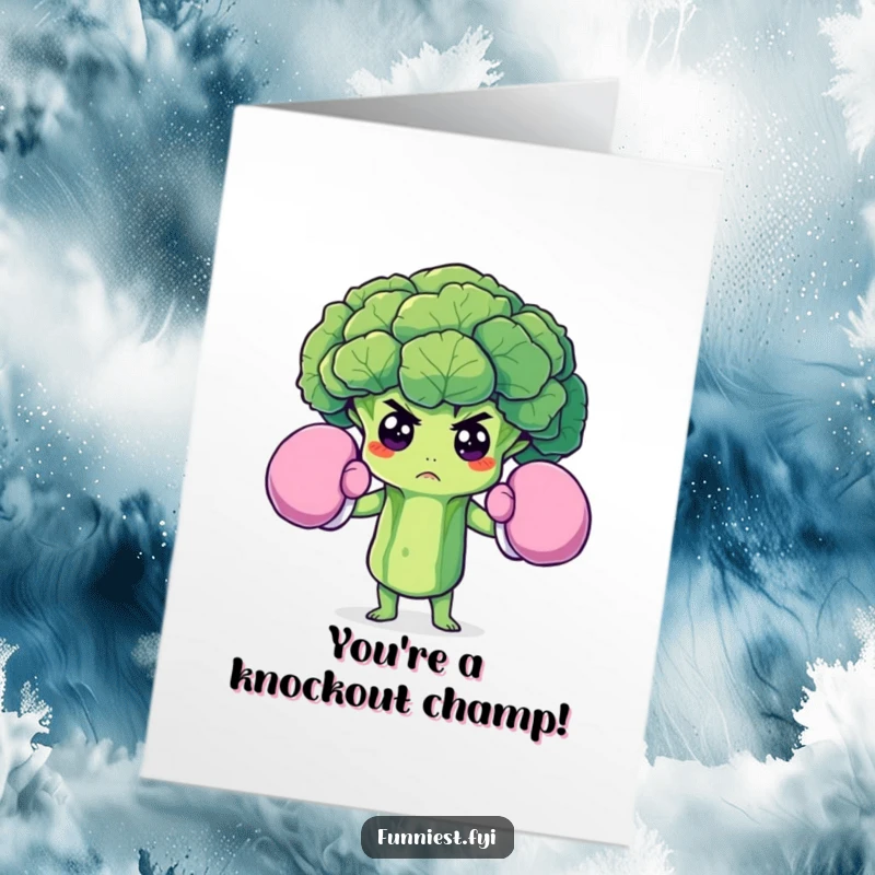 Funny Free Printable Congratulations Card: Broccoli floret wearing comically large boxing gloves, showing fierce determination for a win.