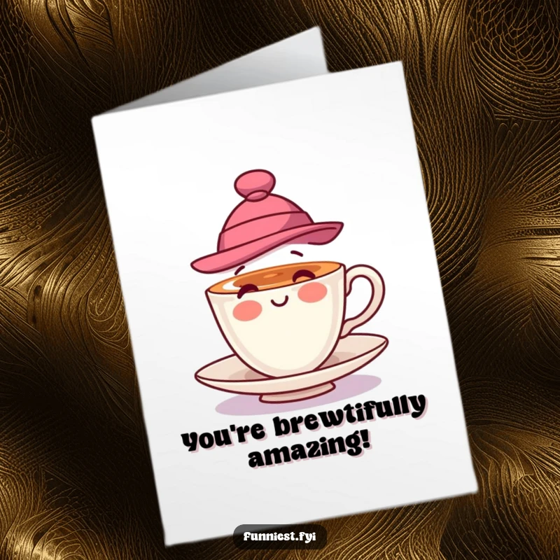 Funny Free Printable Congratulations Card: A stylish teacup with a hat, spinning with excitement to celebrate a big win.