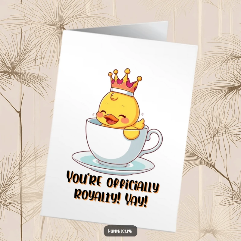 Funny Free Printable Congrats Card: Royal rubber ducky wearing a crown comically struggles to float in a teacup.