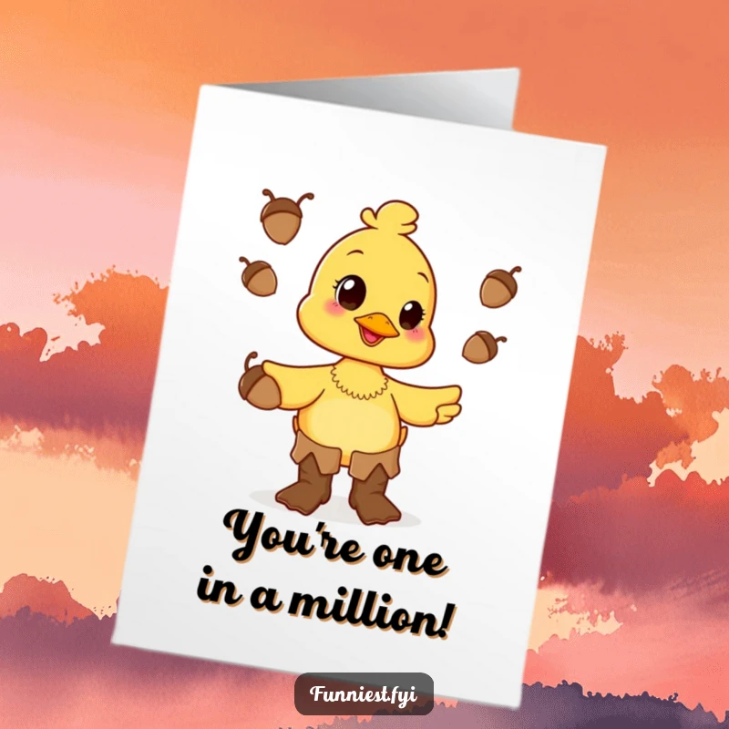Funny Free Printable Congratulations Card: Happy duck wearing oversized boots juggling acorns, celebrating success with playful charm, great downloadable gift.
