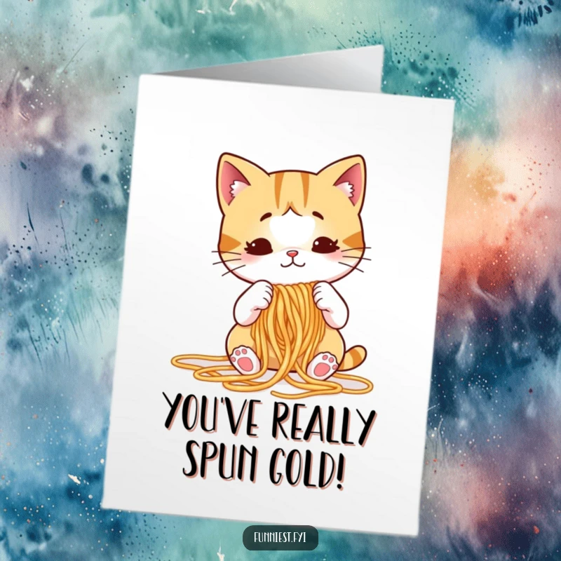 Funny Free Printable Congrats Card: Puzzled cartoon cat knitting spaghetti, a unique downloadable art for celebrating achievements.
