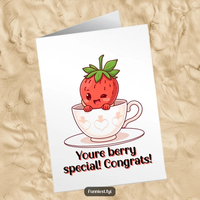 Funny free printable congratulations card with a giggling strawberry character inside a giant teacup, celebrating an achievement.
