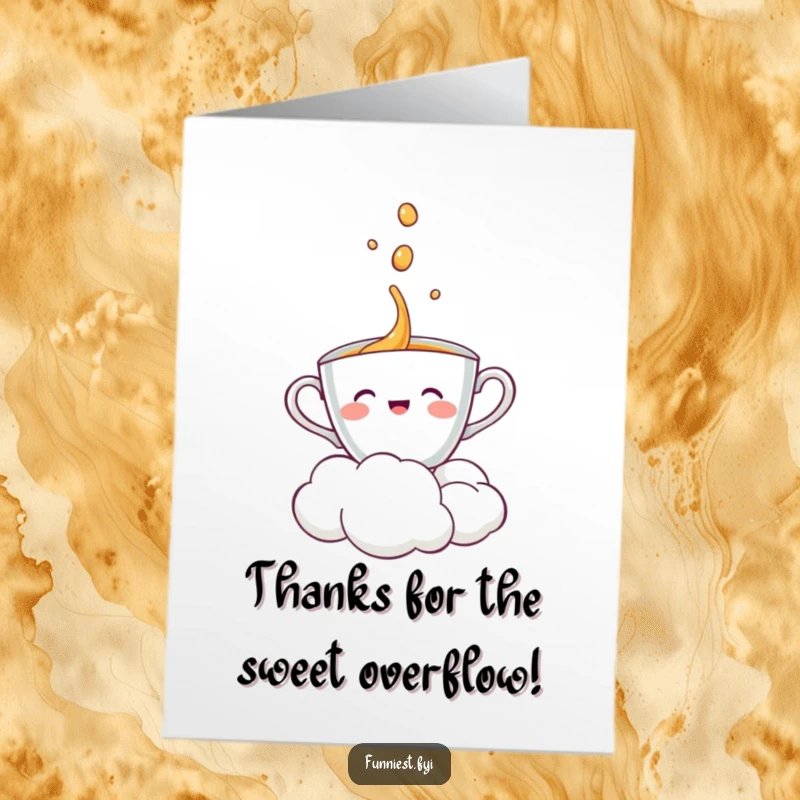 Free printable thank you card: a happy teacup character soaking up a gentle, cheerful pour from a fluffy cloud.