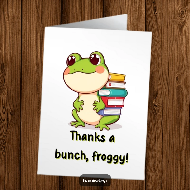 Funny Free Printable Thank You Card: A joyful frog attempting to balance many books on its nose.