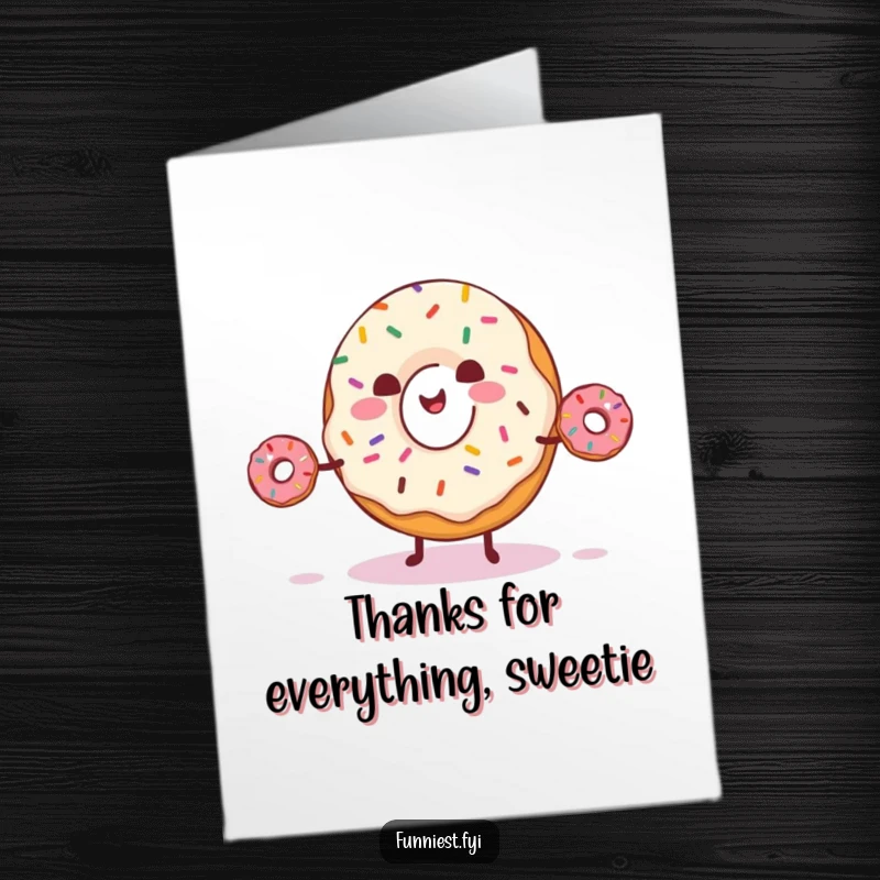 Funny Free Printable Thank You Card: A happy donut juggling tiny donuts, sending thanks with sprinkles.