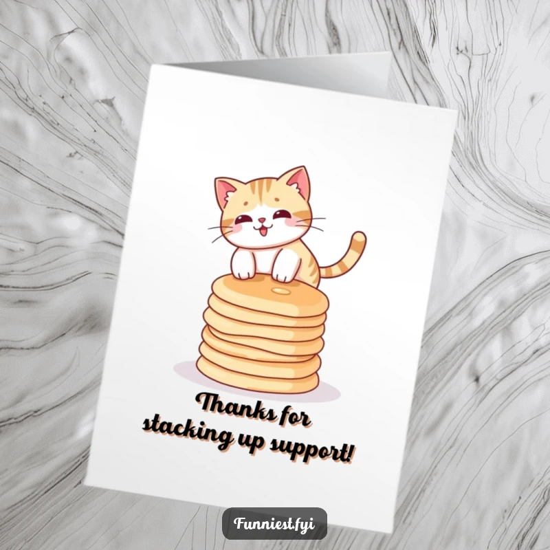 Funny free printable thank you card: a cat precariously balancing on a mountain of fluffy pancakes.