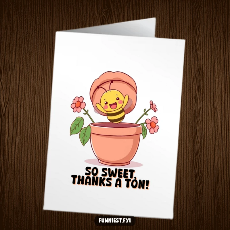 Free Printable Thank You Card: A happy bee comically flying upside down into a large flowerpot.