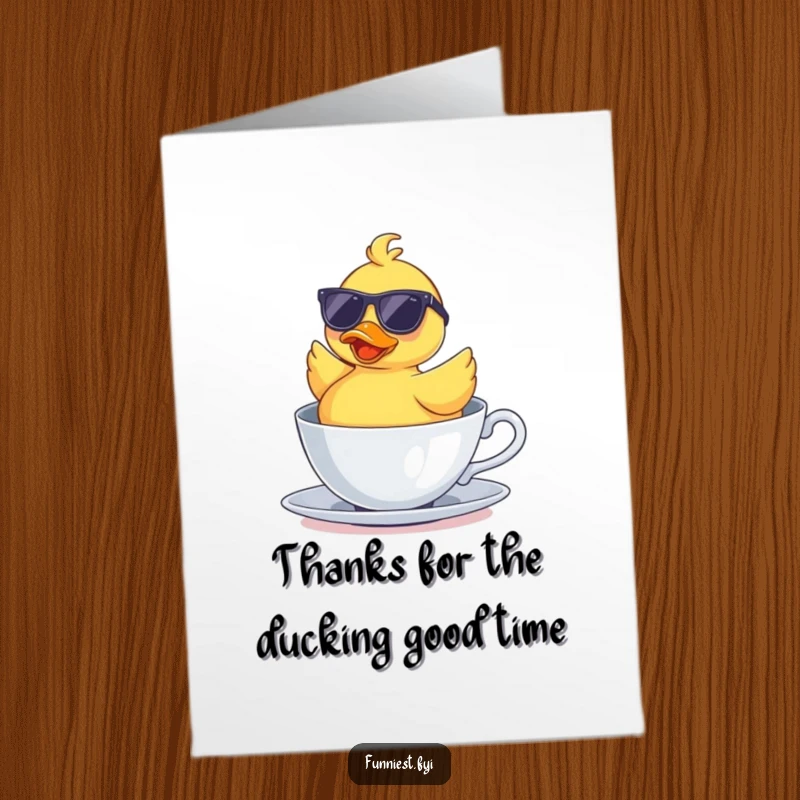 Funny Free Printable Thank You Card: A rubber duck sporting sunglasses floats upside down in a teacup, a picture of serene absurdity.