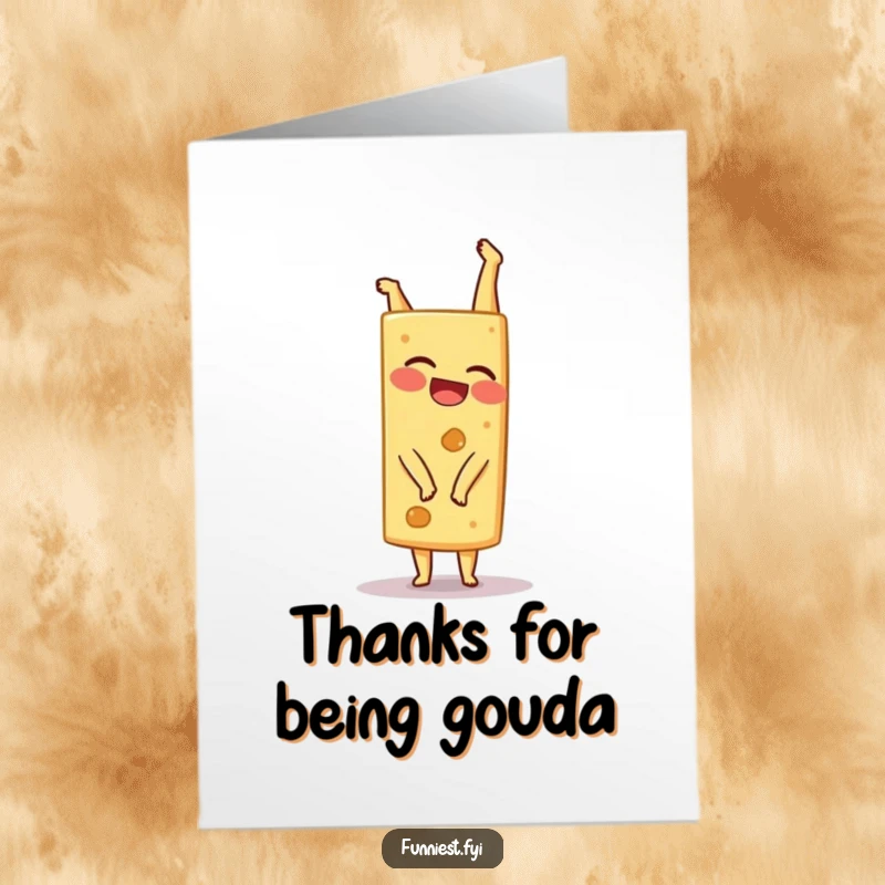 Funny Free Printable Thank You Card: Giggling cheese wedge attempting a handstand, conveying thanks with cheesy charm, perfect downloadable gift.