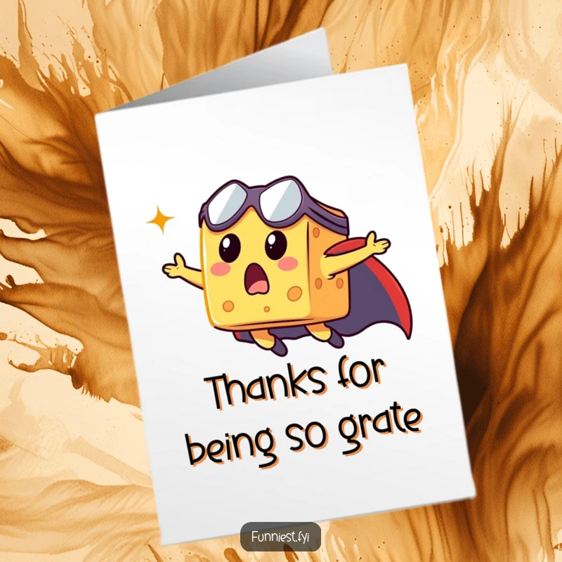Funny Free Printable Thank You Card: Cheese cube hero in a cape flying, expressing gratitude.