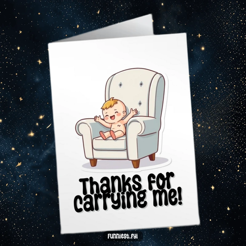 Funny Free Printable Thank You Card of a person wiggling happily inside an oversized armchair, expressing cozy thanks.
