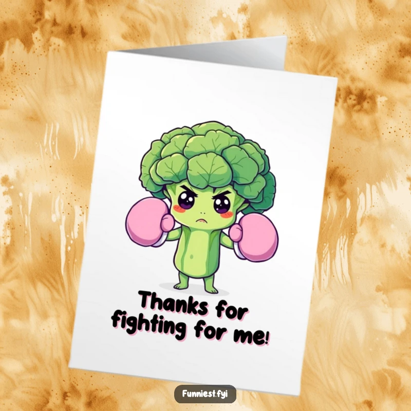 Funny Free Printable Thank You Card: Broccoli floret in oversized boxing gloves, ready to deliver a heartfelt thank you with a grin.