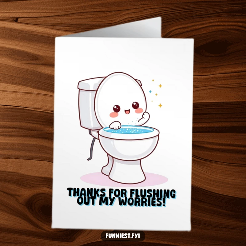 Funny free printable thank you card of a friendly toilet character granting a wish with a magical glitter shower.