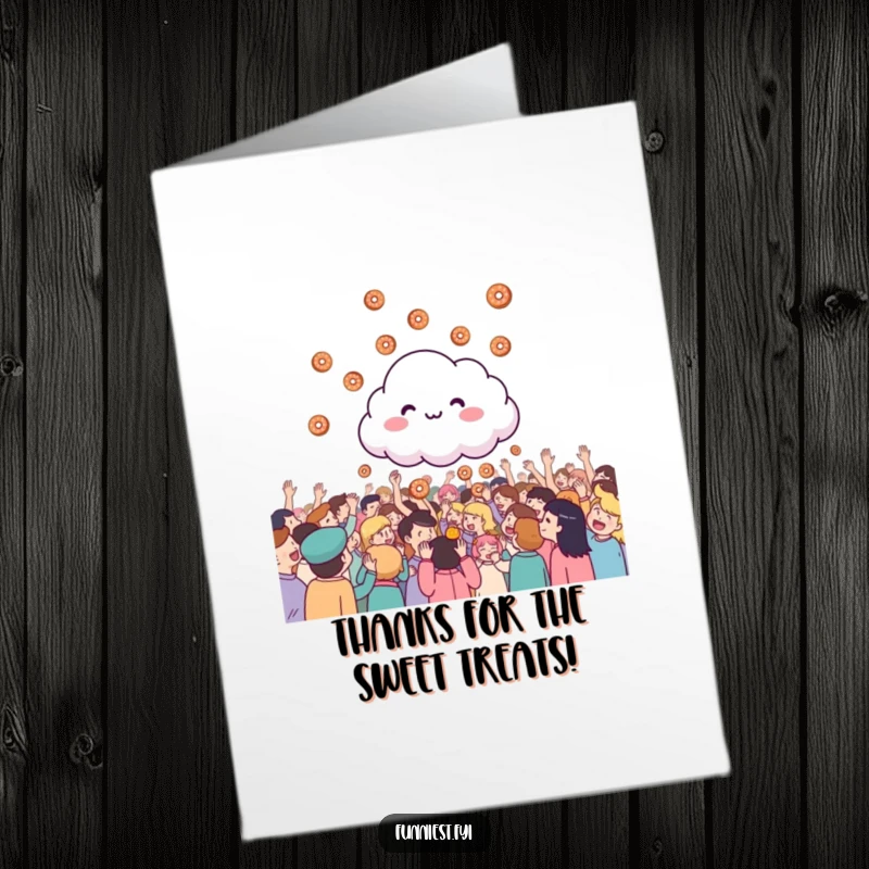 Funny Free Printable Thank You Card where a cloud cheerfully rains donuts onto a delighted crowd, a yummy thank you.