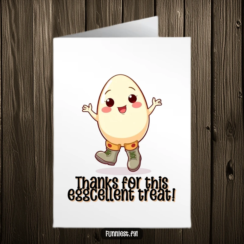 Funny Free Printable Thank You Card: Cheerful egg in oversized boots doing a clumsy jig, ideal DIY gift.