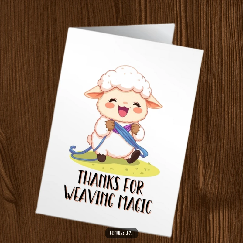 Free printable thank you card: a happy sheep character diligently knitting a bright, shimmering rainbow from soft yarn.