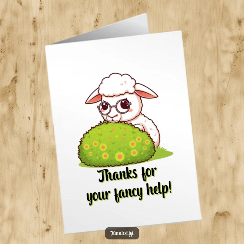 Funny Free Printable Thank You Card: A sheep in a monocle surveys a bush with smug satisfaction, humorously conveying thanks.