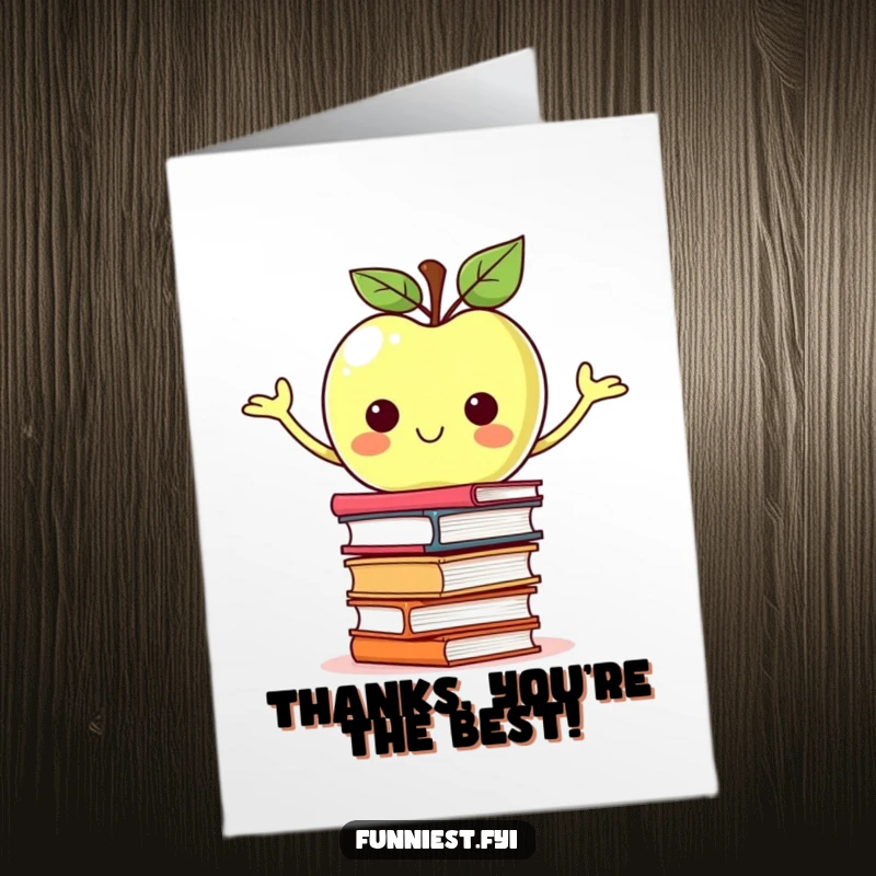 Free Printable Thank You Card: A proud apple character balances a stack of miniature books, offering thanks with intellectual flair.