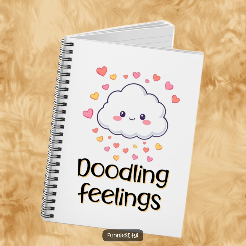 Funny Notebook with a smiling fluffy cloud character raining tiny colorful hearts, ideal for writing notes and capturing sweet thoughts.